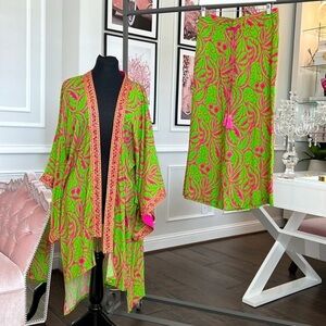 DESIGNER SET SIZE M Green Leaf Print Midi Viscose Kimono with Embroidery…